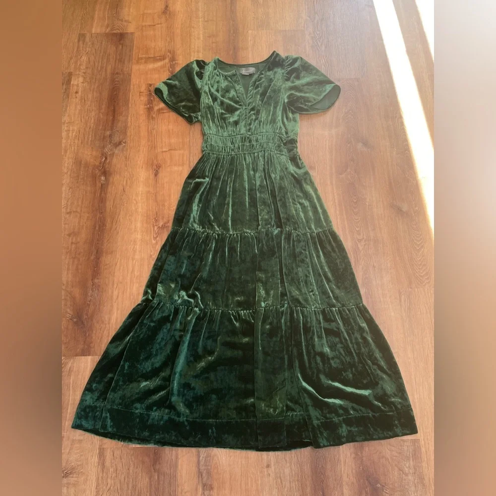 Anthropologie Somerset Velvet Tiered Maxi Dress Small Green‎ Whimsical V Neck - Picture 4 of 9